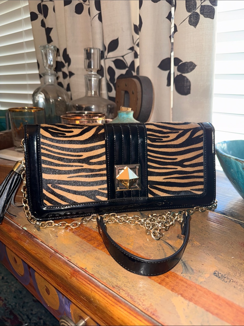 White House Black Market Black and Tan Zebra-Print Crossbody with Gold Chain